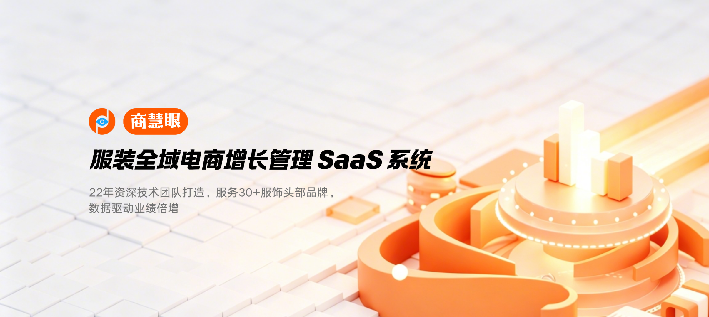 商慧眼服装全域电商增长管理SaaS系统,同步展示其22年资深技术团队资质、30+服饰头部品牌服务经验及数据驱动业绩增长的核心价值